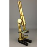 Early 20th century brass monocular Microscope with rack & pinion adjust,