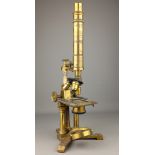 Victorian lacquered brass monocular Microscope by W Heath Devonport, with rack and pinion focusing,