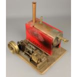 Live steam Stationary Engine, brass boiler & chimney on wooden base,