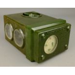 1970's Skymaster Ghost High Speed pigeon timing clock, No.A8546, green plastic case in wooden box