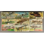 Nine Airfix 1:72 series 2 & 3 1:72 scale model aircraft kits: Supermarine Walrus, Meteor lll, Anson,