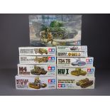 Ten Tamiya 1:35 scale model tank & other military vehicle kits: T34/76 1942 & 43 M4 Sherman,