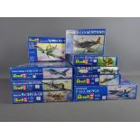 Nine Revell 1:72 scale model aircraft kits: Spitfire Mk V, Me 262A-1a/U3, P-51B Mustang,