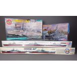 Tamiya 1:35 scale model battleships: King Geo V & Missouri, both started, Airfix 1:72 German E Boat,