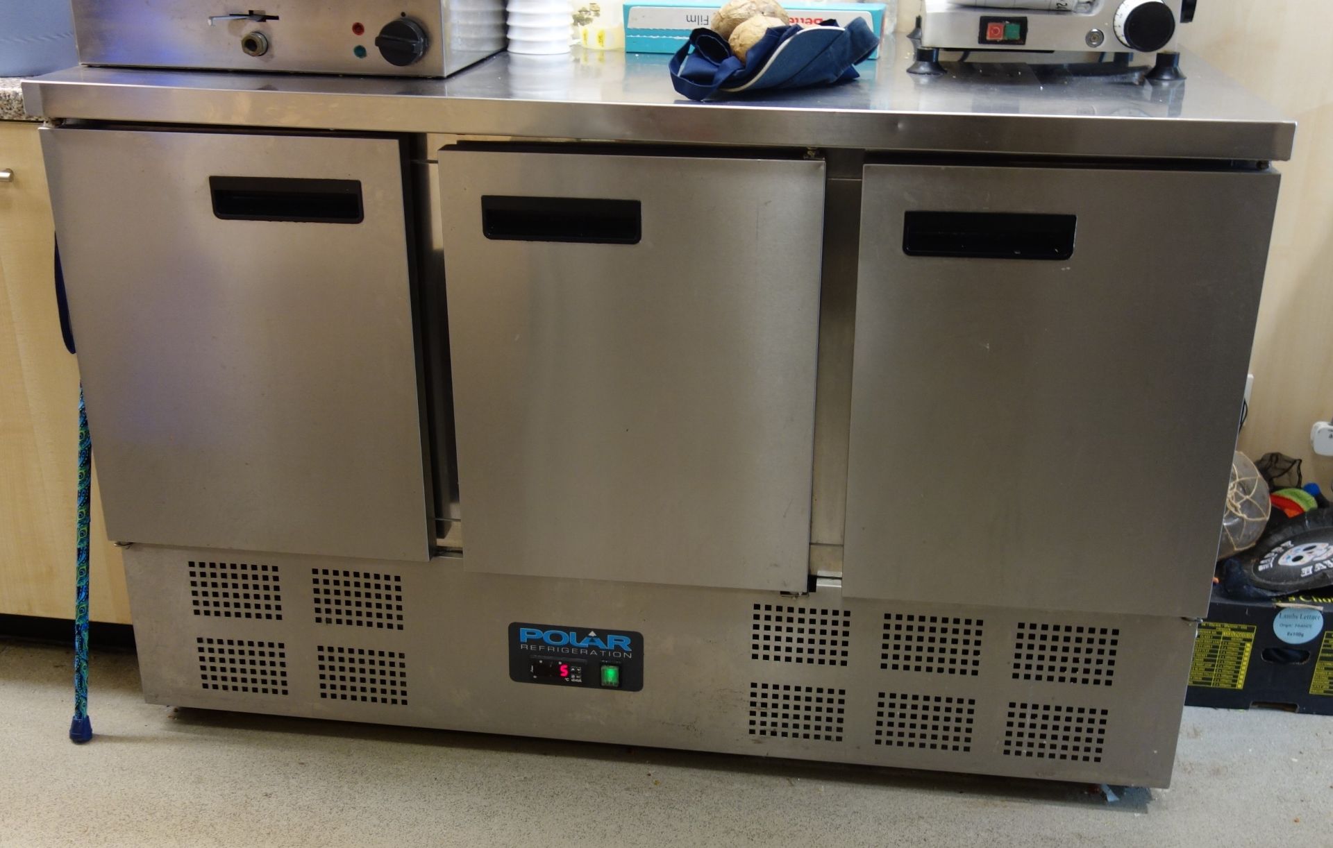 Polar commercial stainless steel, three door refrigerated preparation counter, W137cm, H90cm,