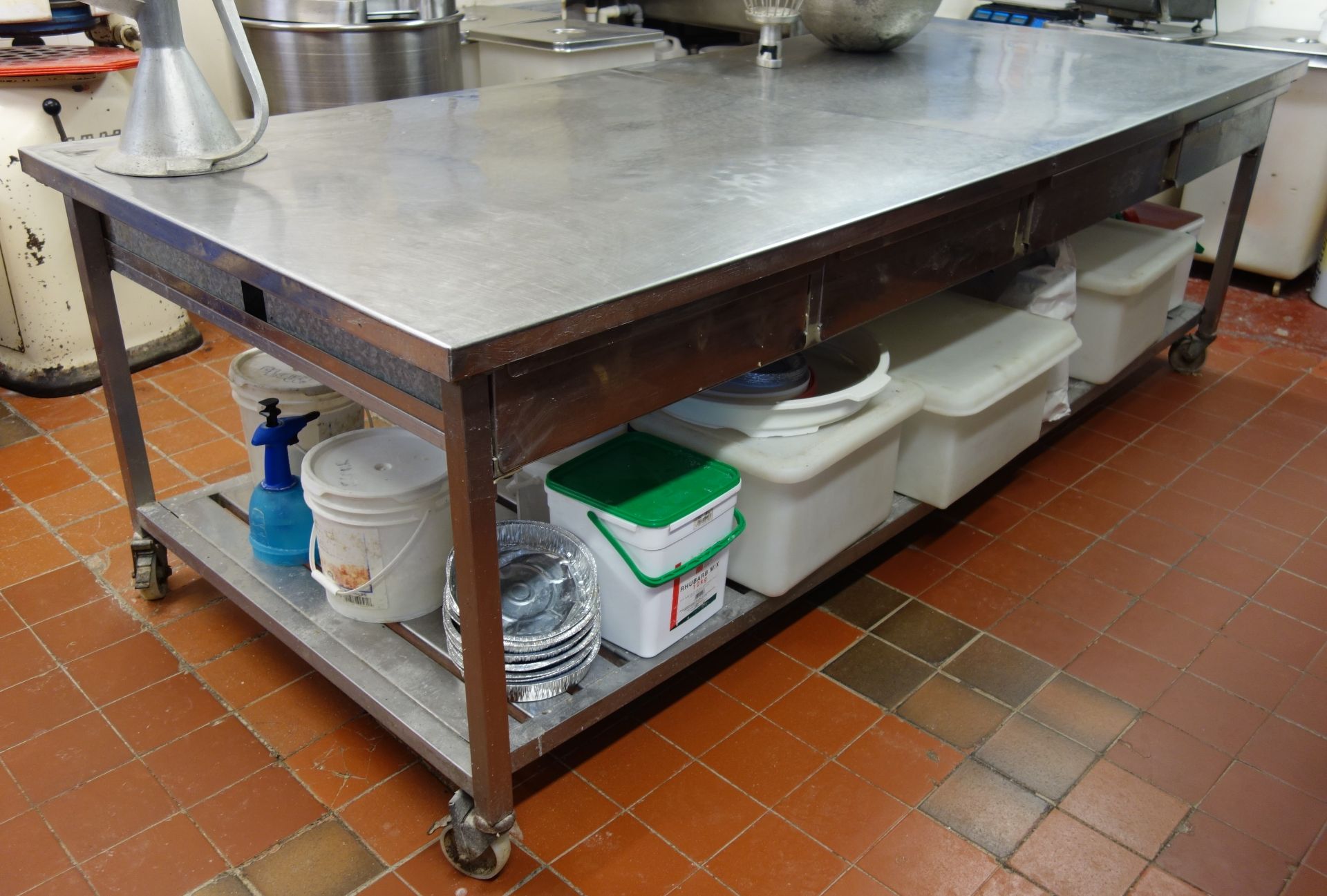 Large commercial stainless steel eight drawer preparation table, 260cm x 115cm,