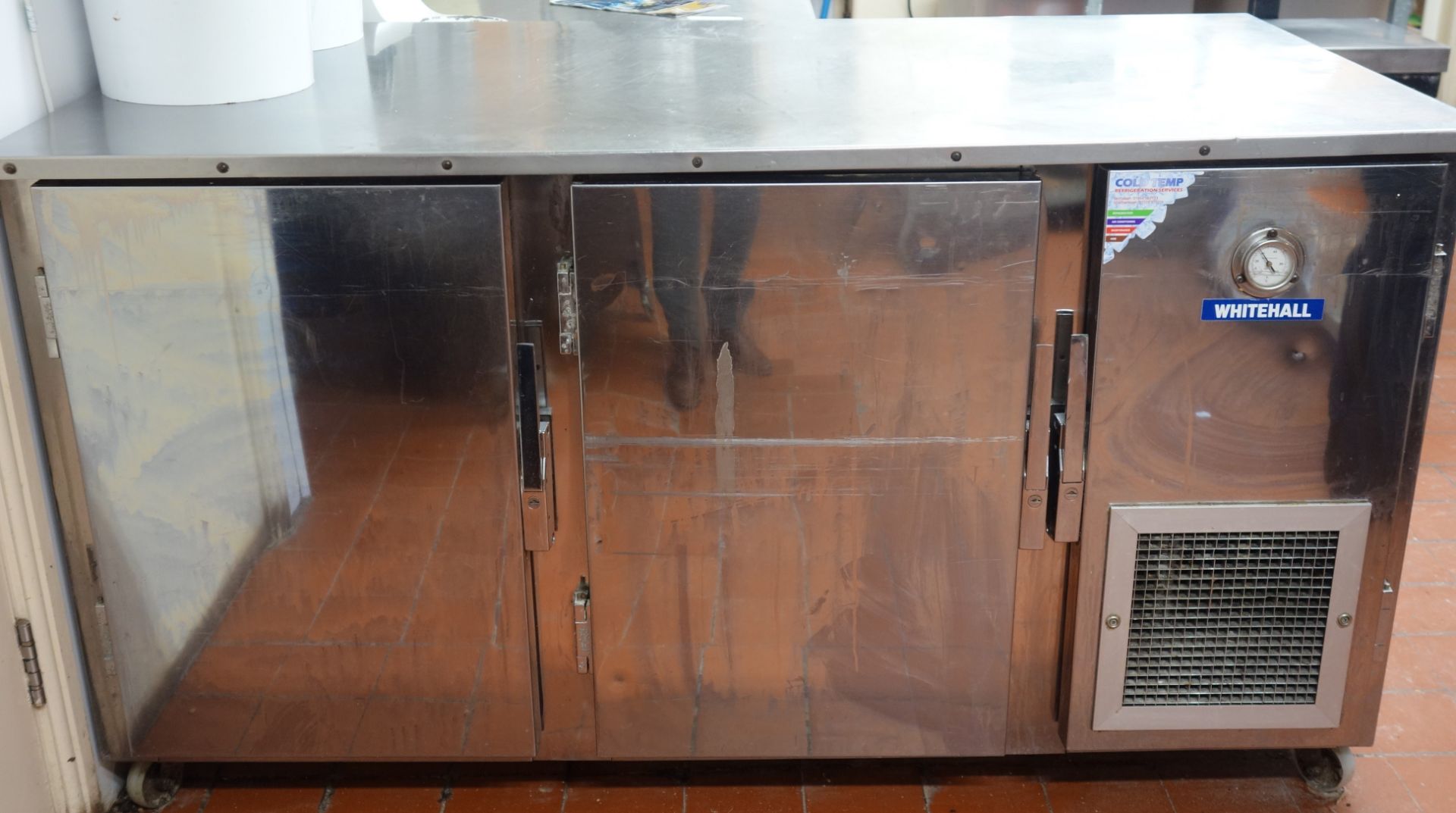 Whitehall commercial stainless steel three door refrigerating counter, W159cm, H88cm,
