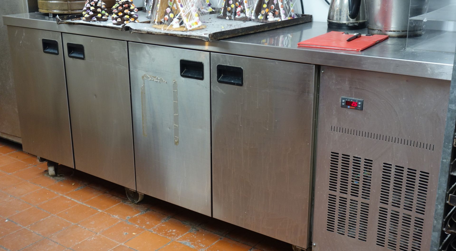 Commercial stainless steel four door refrigerating counter, W225cm, H89cm,