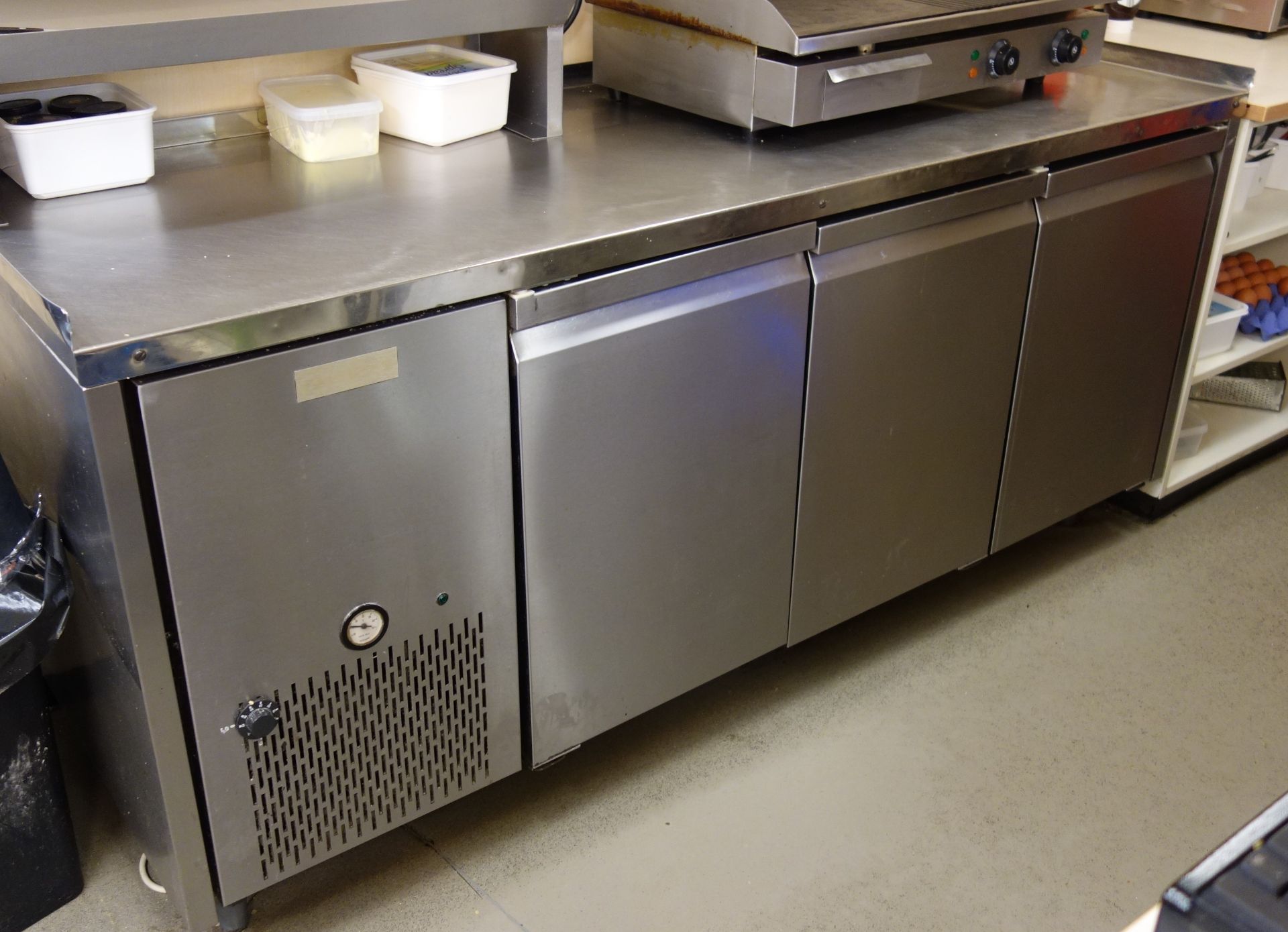 Williams commercial stainless steel, three door refrigerated preparation counter (W190cm, H90cm,