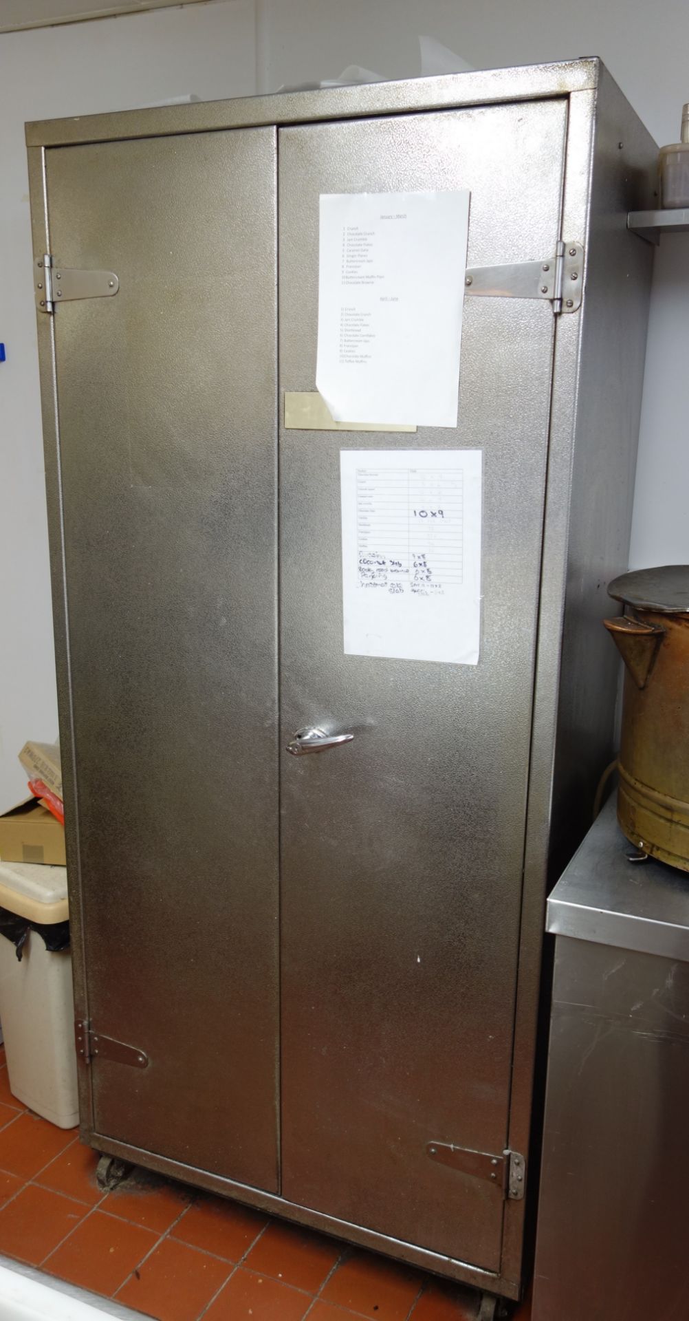 Aluminium and galvanized metal two door bakers tray cupboard, W88cm, H190cm,