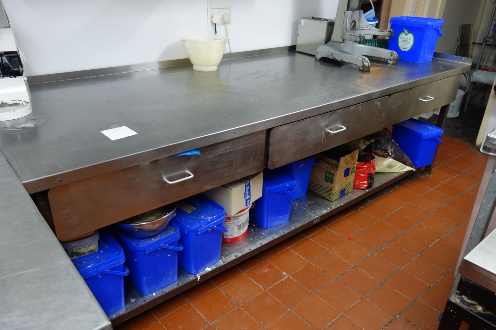 Large commercial stainless steel preparation table with three drawers, W265cm, H86cm,