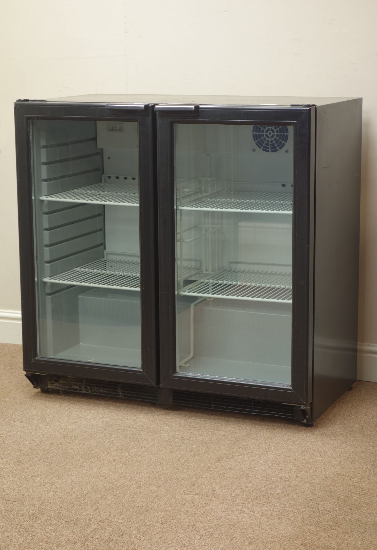 Two door drinks refrigerator in black finish,