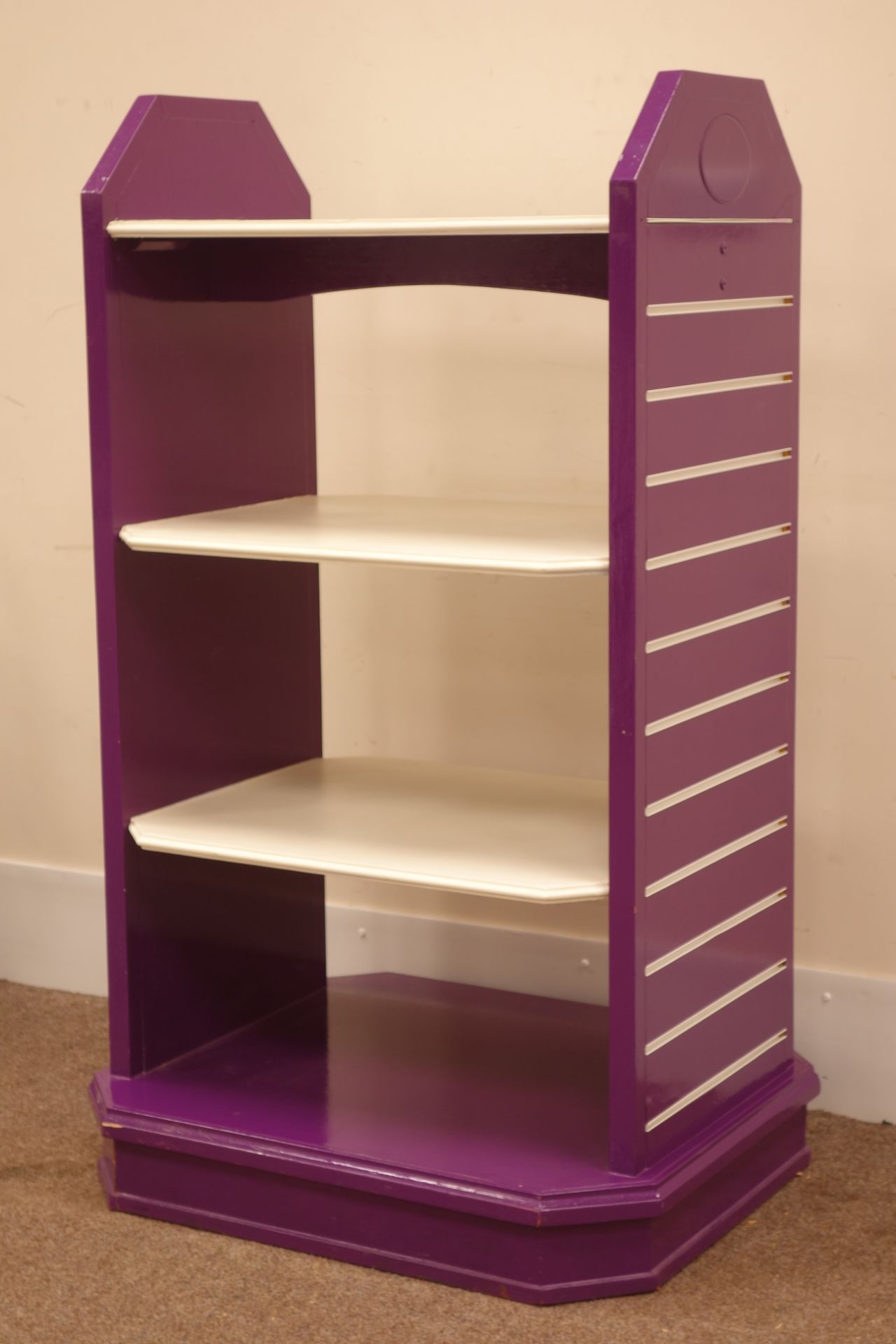 Free standing four tier shops display stand with hanging fittings to sides, 73cm x 88cm,