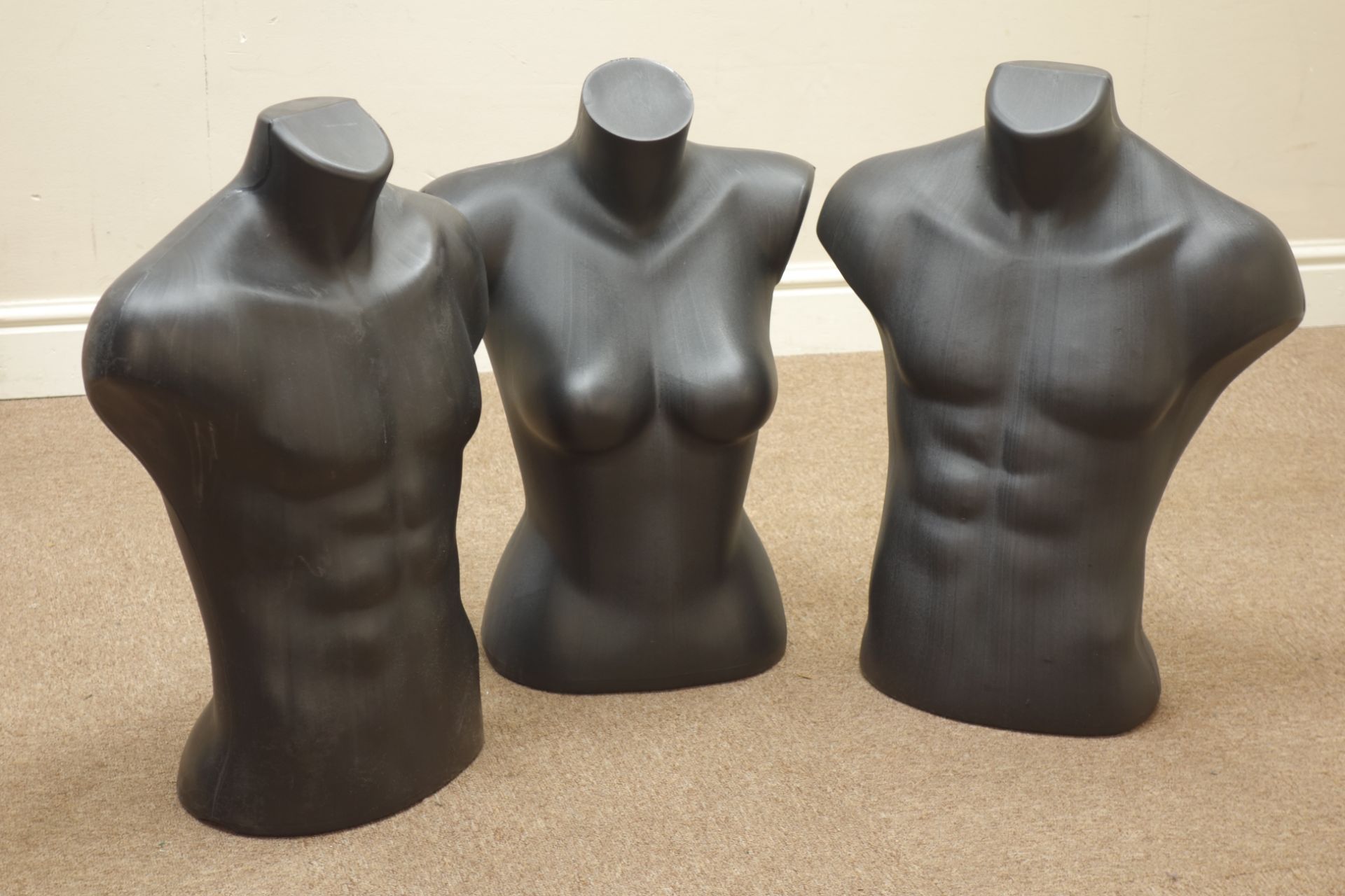 Two male and one female torso mannequins in black finish Condition Report <a