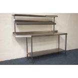 Commercial stainless steel preparation counter table with raised tier, W180cm, H149cm,