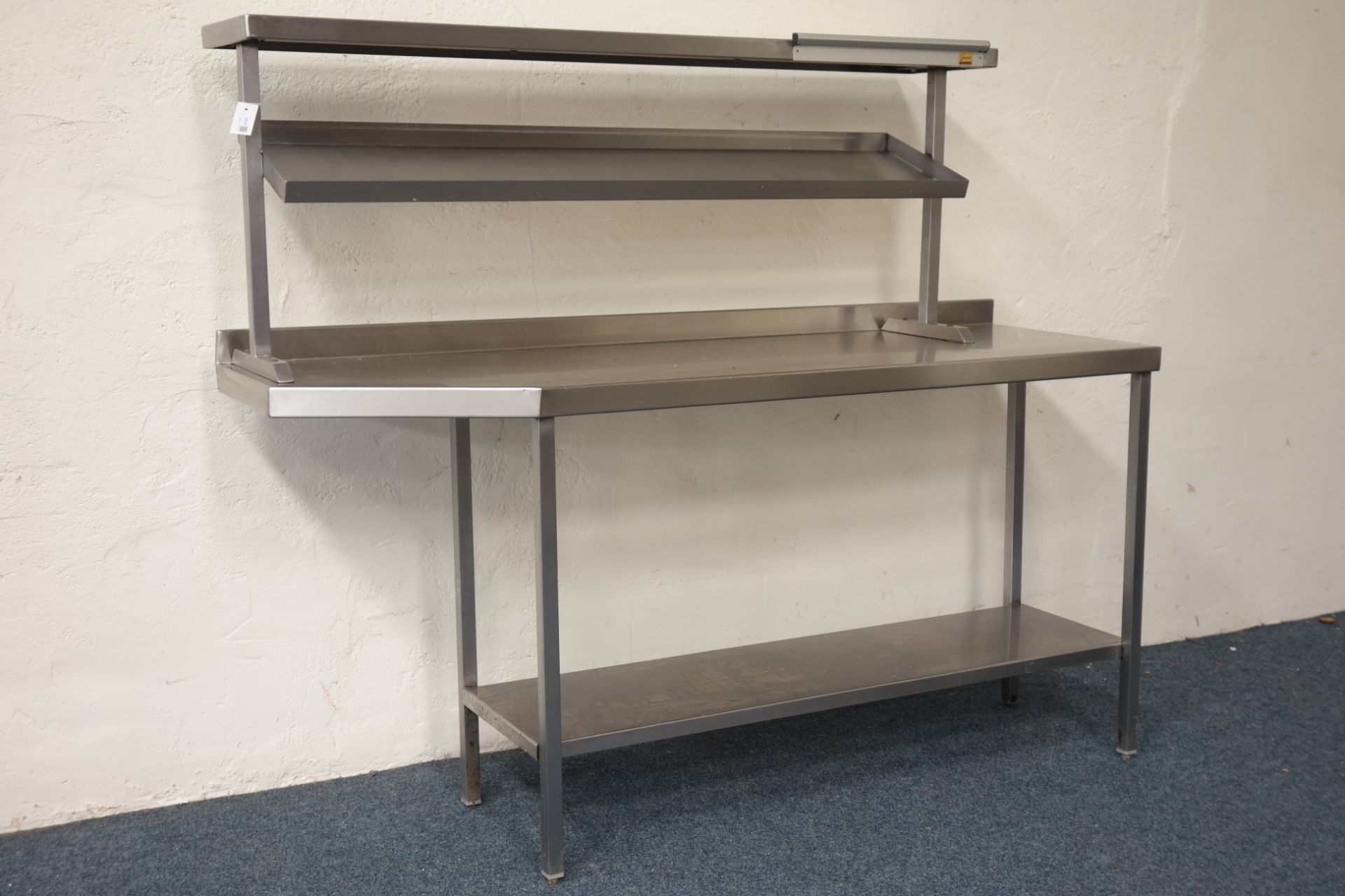 Commercial stainless steel preparation counter table with raised tier, W180cm, H149cm,