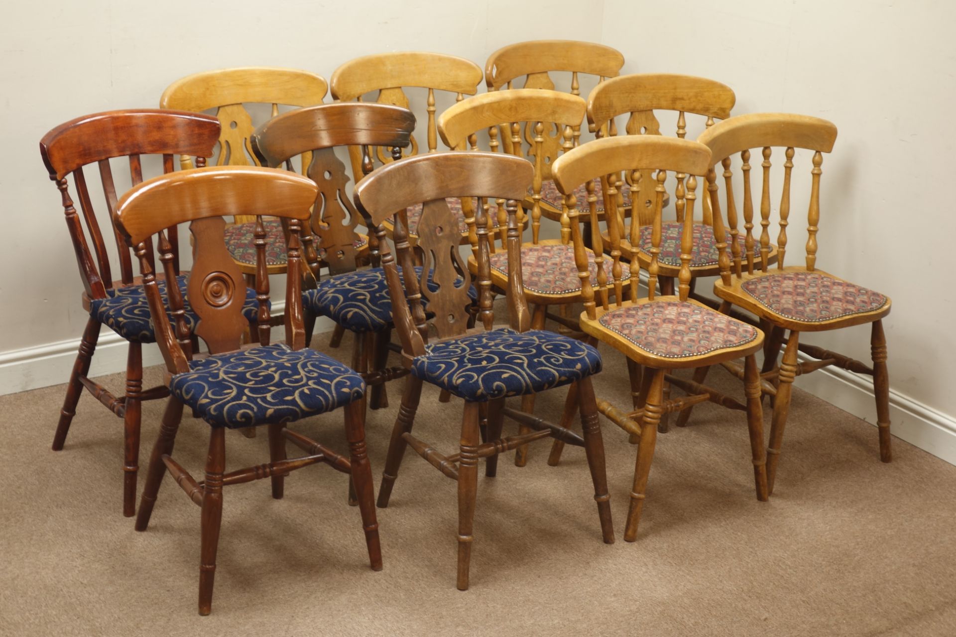 Set four beech farmhouse style dining chairs with upholstered seats and six other farmhouse style