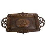 Early 20th century bronze rectangular twin handled dish,