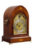 Edwardian inlaid rosewood lancet shaped mantel clock, arched glazed door,