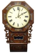 Victorian figured walnut drop dial clock, inlaid with pewter and brass, twin fusee movement,