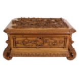 19th century French walnut rectangular box, carved in relief with branch work, leafage,