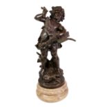 Large bronze figure of a girl with duck, after Moreau, on marble plinth,