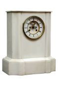 Victorian white marble mantel clock, white enamel chapter ring with visible escapement,