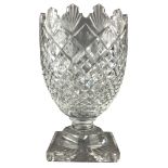 Large Waterford crystal shaped top vase, with square footed base and circle motif,