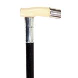 Early 20th century ebony walking stick, with ivory handle and silver collar dated 1900,