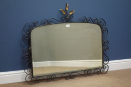 Wrought iron scroll work framed mirror, bevelled glass plate,