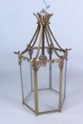 Brass and glazed hexagonal hall lantern, H35cm Condition Report <a href='//www.