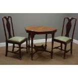 Early 20th century walnut hexagonal centre table and two early 20th century chairs with vase splat