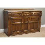 Medium oak dresser base, three drawers and two panelled cupboards, W141cm, H89cm,
