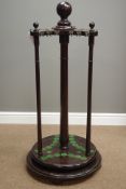 Late 19th/early 20th century mahogany trefoil revolving snooker cue stand, D55cm,