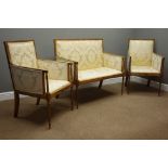 Late 19th century satinwood Sheraton style salon suite, two seat sofa and pair matching armchairs,