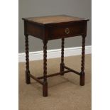 Early 20th century oak bedside/lamp table, single drawer, barley twist supports, W51cm, H69cm,