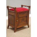 Late Victorian piano stool with cupboard, carved lunettes, W55cm, H62cm,