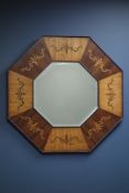 Pair 20th century octagonal inlaid walnut and satinwood framed wall mirrors,