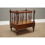 Victorian walnut Canterbury, with three divisions, turned and barley twist supports, single drawer,