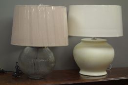 Large contemporary table lamp with reeded globular glass body and a pottery table lamp of similar