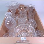 Cut crystal vase with flared rim, cut glass decanter, comport, Stuart glass,
