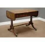Regency rosewood sofa table, drop leaf top banded in rosewood, two drawers,