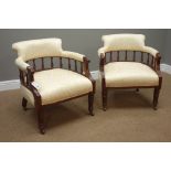 Pair late Victorian walnut framed tub shaped armchairs upholstered in cream Damask fabric,