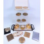 1920's enamel dressing table set on tray, Stratton powder cases, vintage two piece powder set,