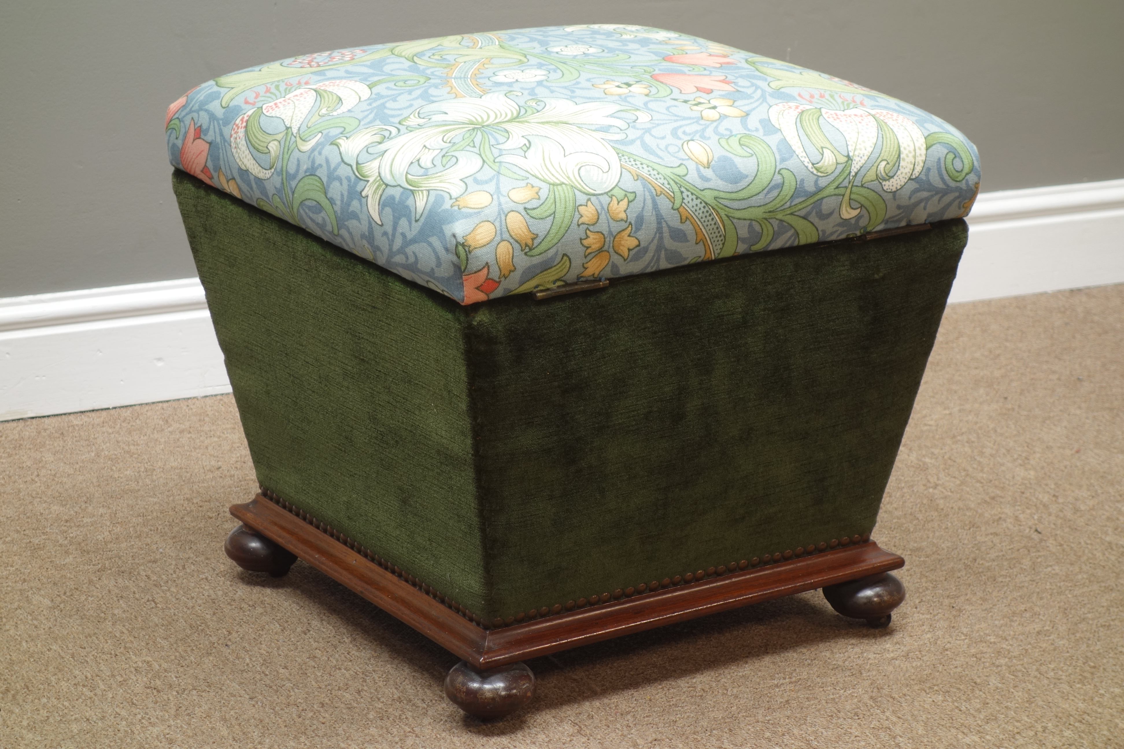 Victorian upholstered, tapering form, on moulded plinth with turned feet, - Image 2 of 4