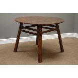 20th century stained pine circular table, splayed supports, D98cm,