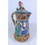 Victorian Minton Majolica 'Tower' flagon, with Jester finial,