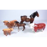 Beswick Shire horse, bay foal, highland bull,