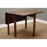 Georgian mahogany drop leaf dining table, square chamfered supports, gate leg action base,