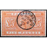 Victorian Stamp - £5 Orange, on white paper, fine used, with Warrington pm,